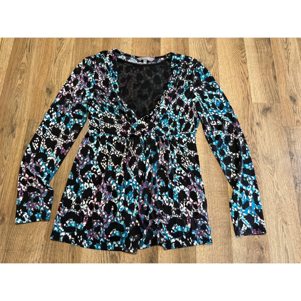 Daisy Fuentes Blouse Women Medium Jewel Purple Combo Adult Abstract V-Neck